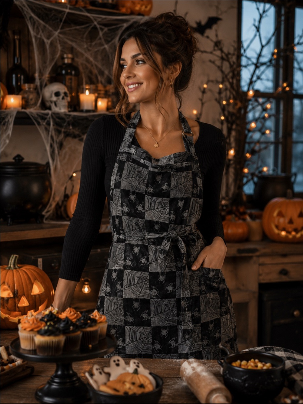 Christian Lacroix Spider Graphic Patchwork Kitchen Apron Halloween Black Grey OS